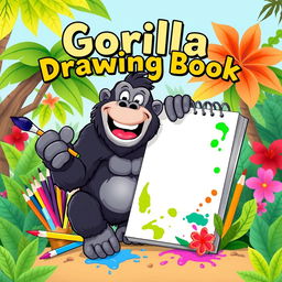 A whimsical and colorful cover design for a drawing book featuring a charismatic gorilla as the central figure