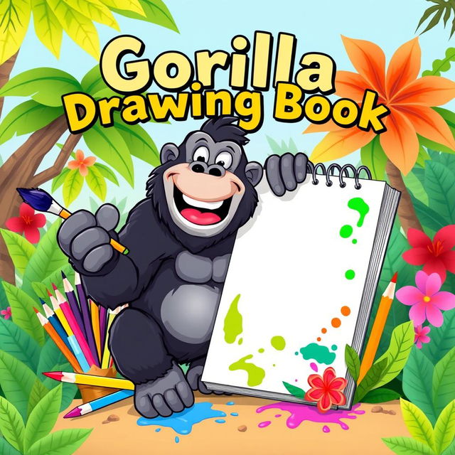 A whimsical and colorful cover design for a drawing book featuring a charismatic gorilla as the central figure