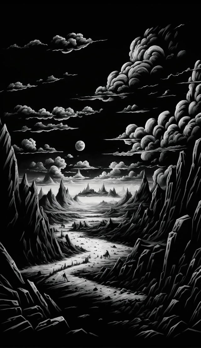 A raw sketch-style anime depiction of a hellish landscape from Berserk with ominous clouds, jagged rocks, barren plains and a looming mountain range using cross-hatching technique.