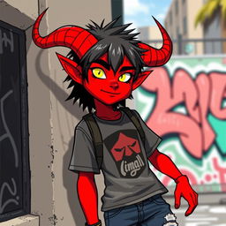 A teenage tiefling with vibrant, fiery red skin, large curved horns protruding from their forehead, and glowing yellow eyes
