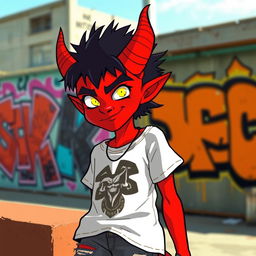 A teenage tiefling with vibrant, fiery red skin, large curved horns protruding from their forehead, and glowing yellow eyes