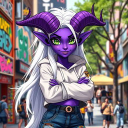 A teenage tiefling girl with vibrant purple skin, large, elegantly curved horns, and striking emerald green eyes