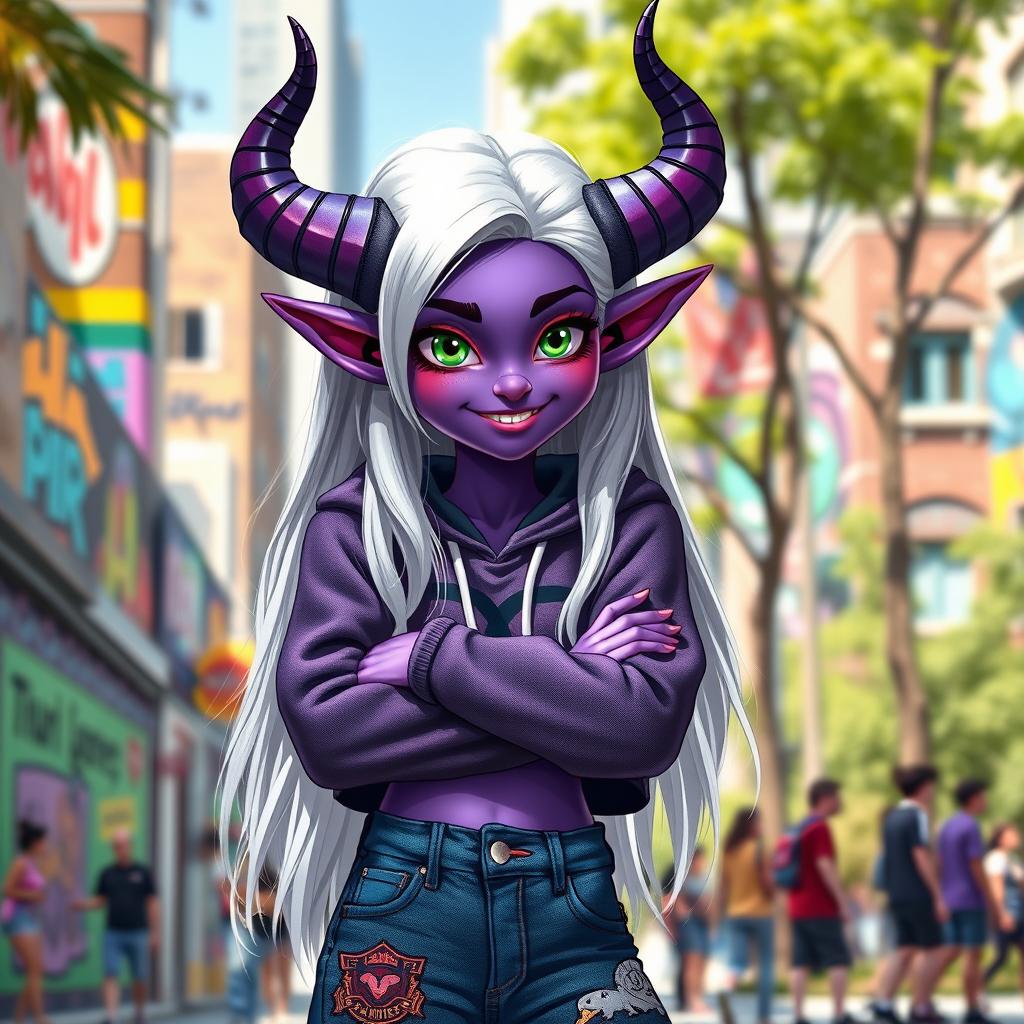 A teenage tiefling girl with vibrant purple skin, large, elegantly curved horns, and striking emerald green eyes