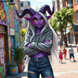 A teenage tiefling girl with vibrant purple skin, large, elegantly curved horns, and striking emerald green eyes