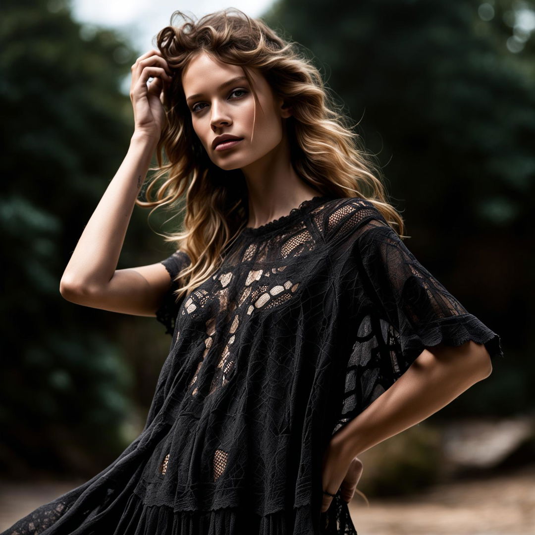 Zoomed-out, editorial-style photograph of a model in a black, off-the-shoulder, short-sleeved boho dress with lace details, striking a magazine pose.