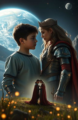 A dramatic scene depicting a boy and girl in love on Earth, surrounded by a landscape filled with memories of their romantic moments