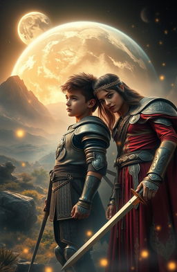 A dramatic scene depicting a boy and girl in love on Earth, surrounded by a landscape filled with memories of their romantic moments
