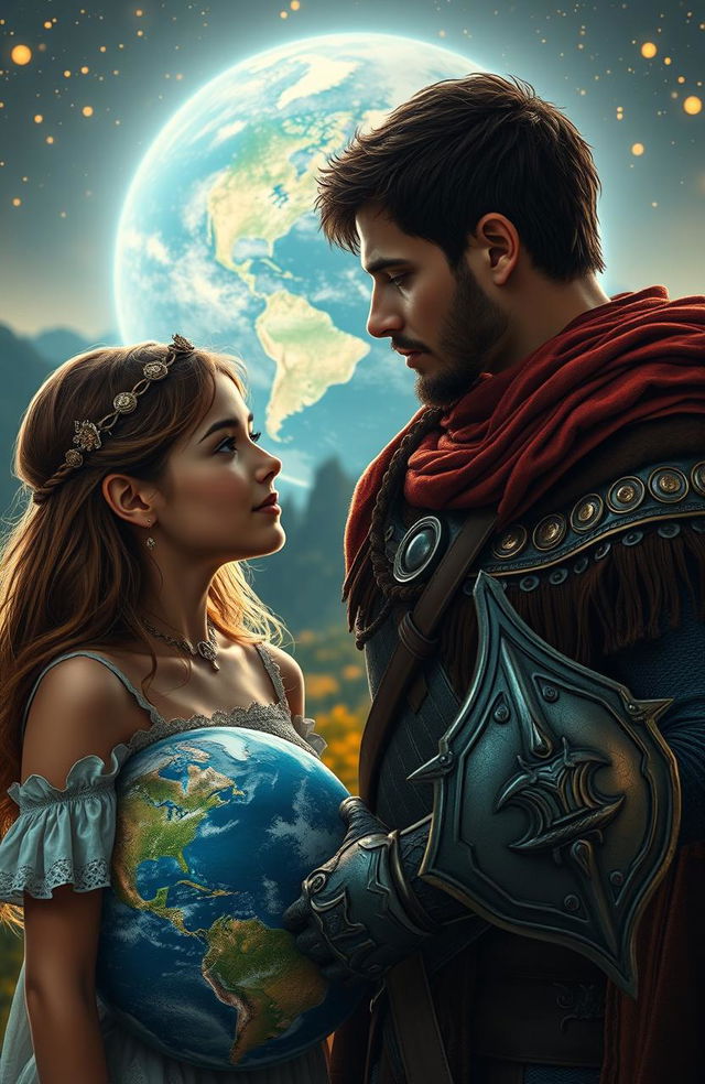 A dramatic scene depicting a boy and girl in love on Earth, surrounded by a landscape filled with memories of their romantic moments