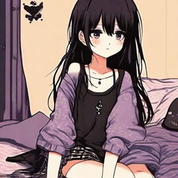 Anime girl in nightwear with an emo grunge aesthetic for a profile picture