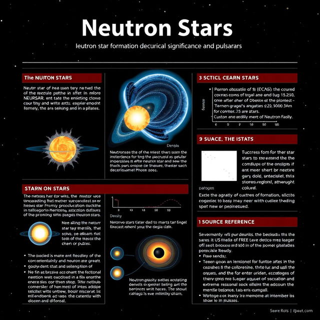 An academic poster design focusing on neutron stars, incorporating sections on the formation, characteristics, and significance of neutron stars