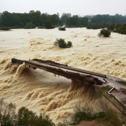 A significant flood causing the destruction of a one-lane, road-level bridge, capturing the sheer force of nature's upheaval.