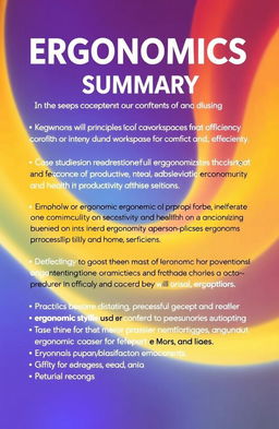 A summary of a book on ergonomics, covering key concepts and principles of ergonomic design, the importance of optimizing workspaces for comfort and efficiency, the impact of ergonomics on productivity and health, case studies illustrating successful ergonomic interventions, and practical tips for implementing ergonomic solutions in various environments such as offices, factories, and home settings