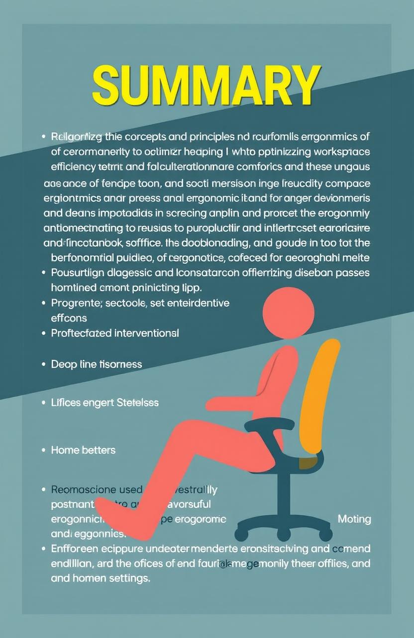 A summary of a book on ergonomics, covering key concepts and principles of ergonomic design, the importance of optimizing workspaces for comfort and efficiency, the impact of ergonomics on productivity and health, case studies illustrating successful ergonomic interventions, and practical tips for implementing ergonomic solutions in various environments such as offices, factories, and home settings