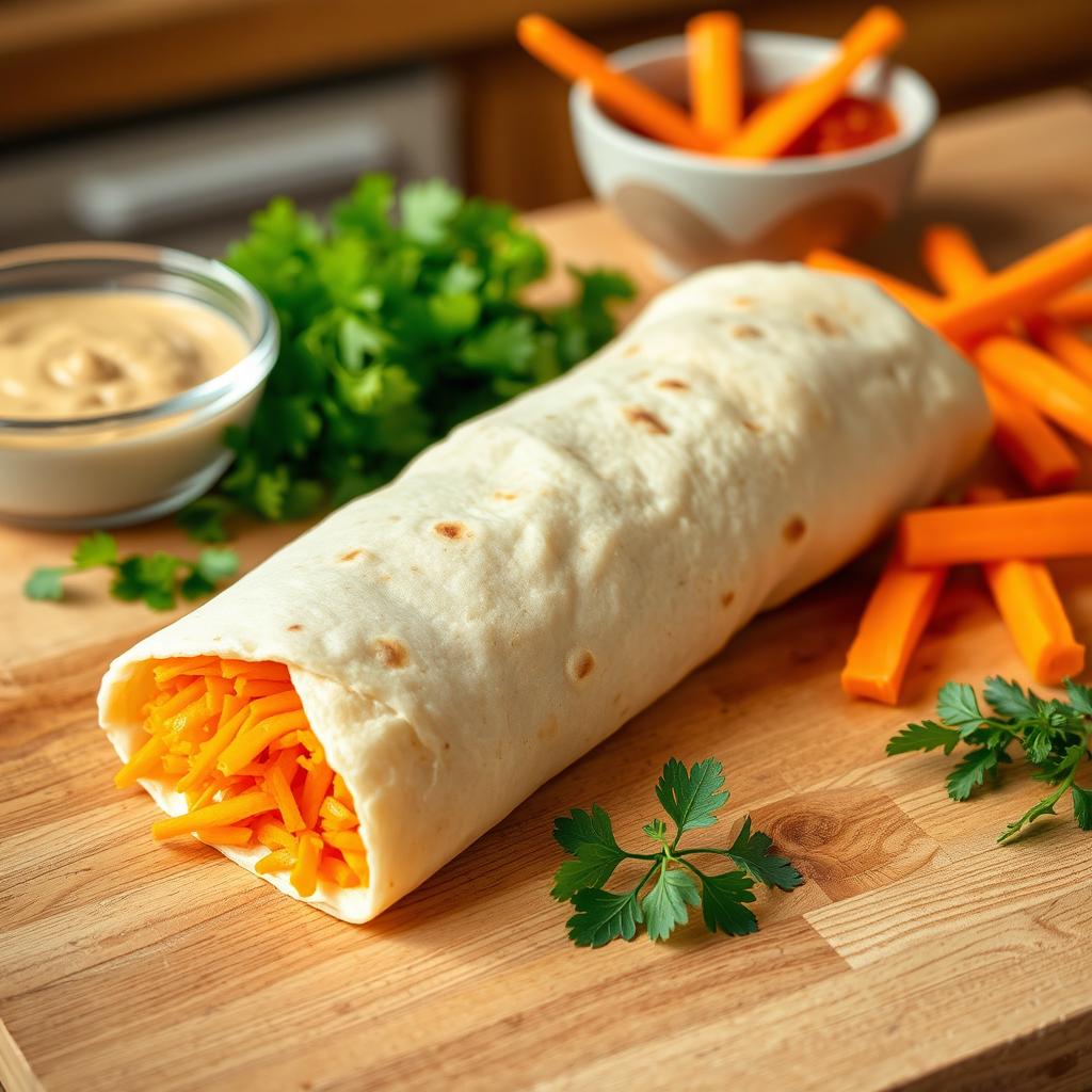 A delicious lavash roll filled with grated carrots, beautifully arranged on a wooden kitchen table