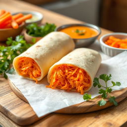 A delicious lavash roll filled with grated carrots, beautifully arranged on a wooden kitchen table