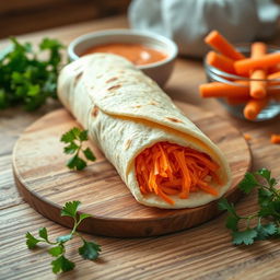 A delicious lavash roll filled with grated carrots, beautifully arranged on a wooden kitchen table
