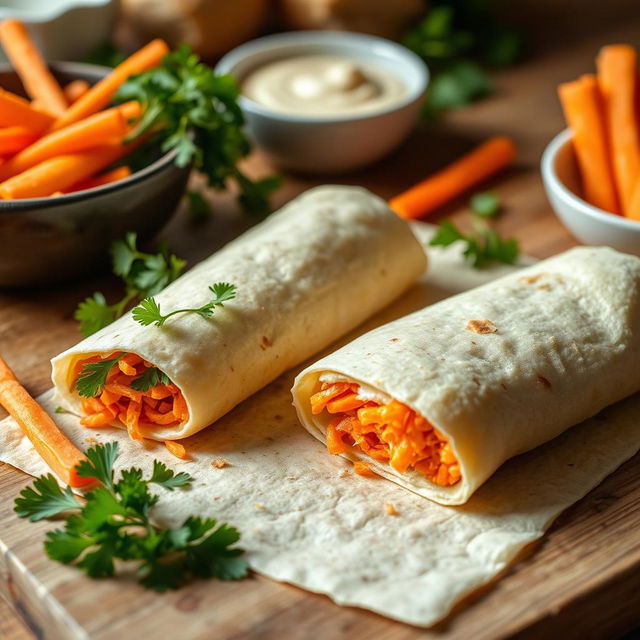 A delicious lavash roll filled with grated carrots, beautifully arranged on a wooden kitchen table