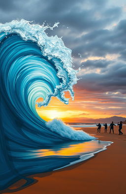 An abstract representation of life's challenges, featuring a powerful wave crashing down on a peaceful beach, symbolic of unexpected setbacks