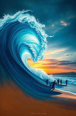An abstract representation of life's challenges, featuring a powerful wave crashing down on a peaceful beach, symbolic of unexpected setbacks