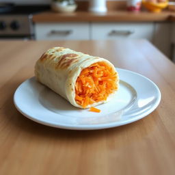 A delicious lavash roll filled with grated carrots, placed on a simple white plate on a wooden kitchen table