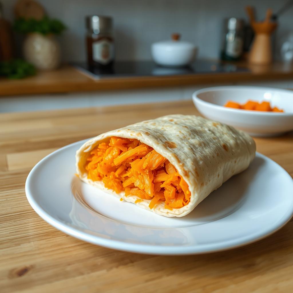 A delicious lavash roll filled with grated carrots, placed on a simple white plate on a wooden kitchen table