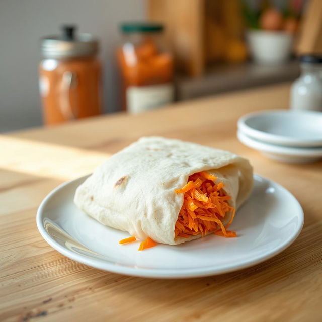 A delicious lavash roll filled with grated carrots, placed on a simple white plate on a wooden kitchen table