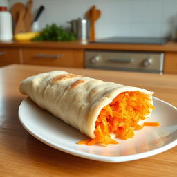 A delicious lavash roll filled with grated carrots, placed on a simple white plate on a wooden kitchen table