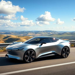 A sleek and modern EvoDrive X1 car parked on a scenic highway overlooking a picturesque landscape