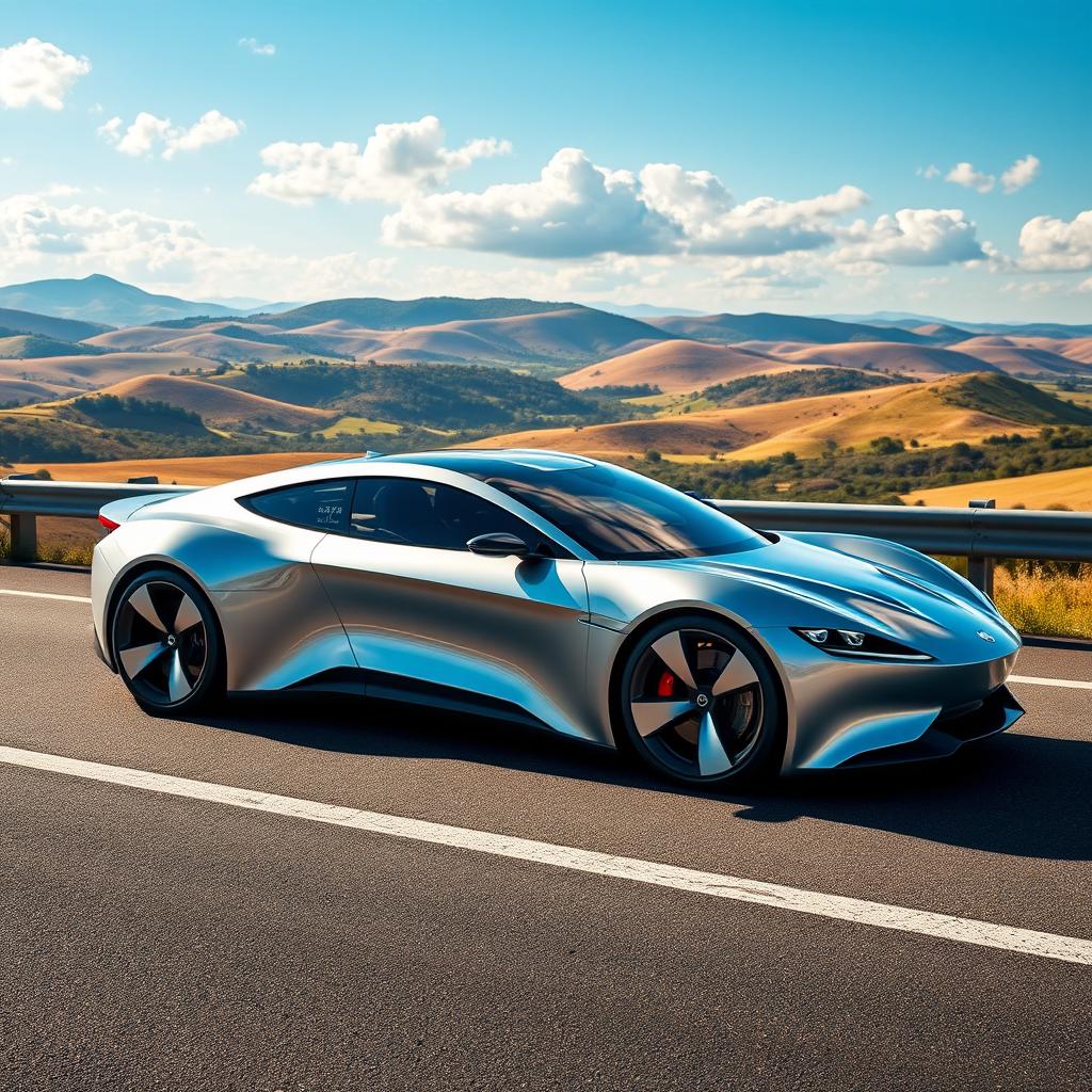 A sleek and modern EvoDrive X1 car parked on a scenic highway overlooking a picturesque landscape