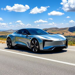 A sleek and modern EvoDrive X1 car parked on a scenic highway overlooking a picturesque landscape