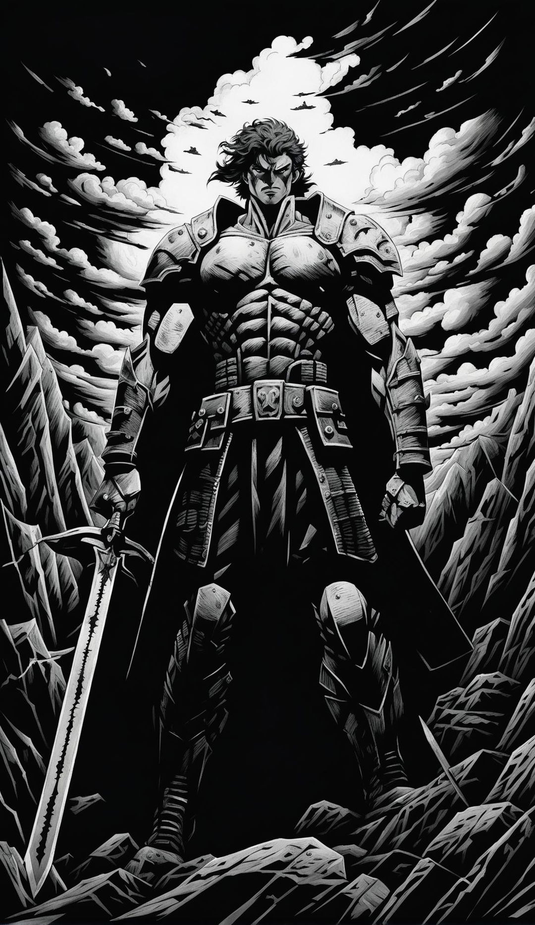 A raw sketch-style anime depiction of the main character from Berserk, a warrior and man of God, standing in a hellish landscape with a big sword, surrounded by ominous clouds, jagged rocks, barren plains and a looming mountain range.