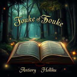 A captivating and immersive book cover design, featuring a mystical forest scene with vibrant, towering trees and glowing ethereal lights scattered throughout