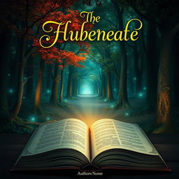 A captivating and immersive book cover design, featuring a mystical forest scene with vibrant, towering trees and glowing ethereal lights scattered throughout