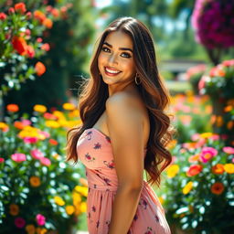 A glamorous young woman with curvy features and big breasts, wearing a stylish summer dress that accentuates her figure