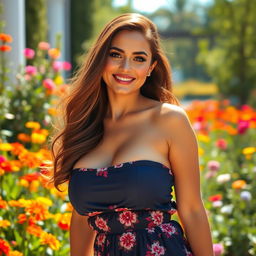 A glamorous young woman with curvy features and big breasts, wearing a stylish summer dress that accentuates her figure