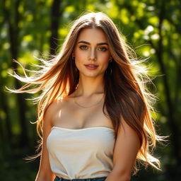 A beautiful young woman standing confidently in a natural setting with a serene expression