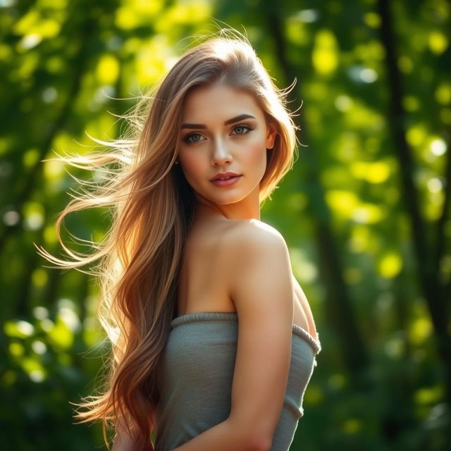 A beautiful young woman standing confidently in a natural setting with a serene expression