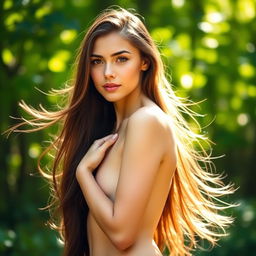 A beautiful young woman standing confidently in a natural setting with a serene expression