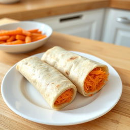 A delicious lavash roll filled with grated carrots, distinctly shaped as a rolled-up log rather than a wrap