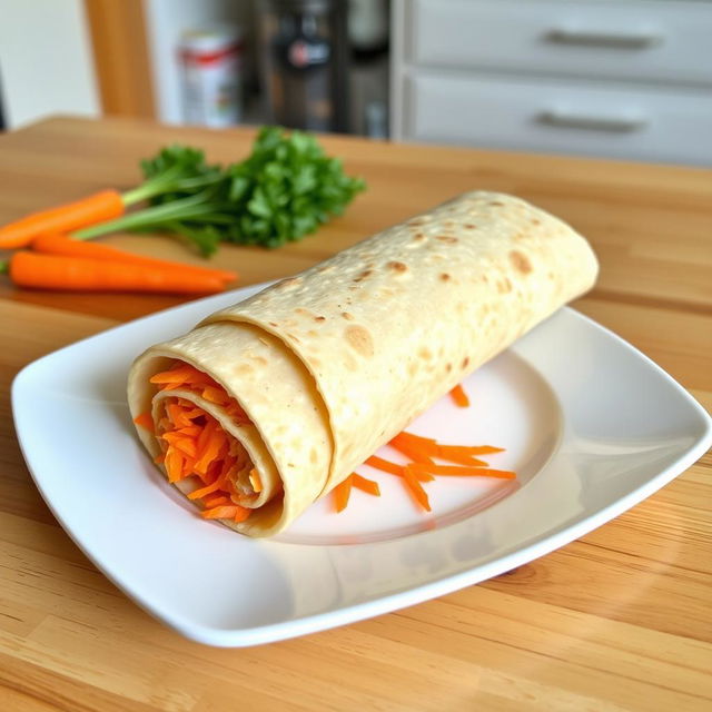 A delicious lavash roll filled with grated carrots, distinctly shaped as a rolled-up log rather than a wrap