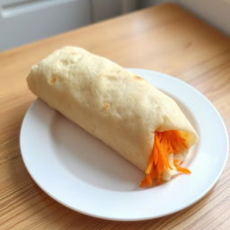 A delicious lavash roll filled with grated carrots, distinctly shaped as a rolled-up log rather than a wrap