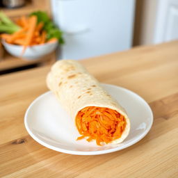 A delicious lavash roll filled with grated carrots, distinctly shaped as a rolled-up log rather than a wrap