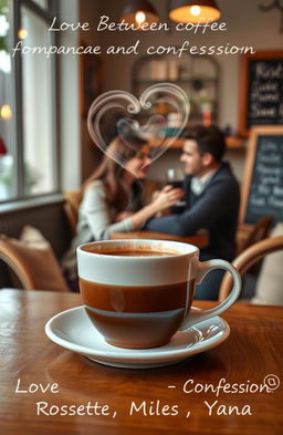 A charming café scene titled "Love between Coffee and Confession", where a steaming coffee cup with heart-shaped smoke rising from it is placed on a wooden table