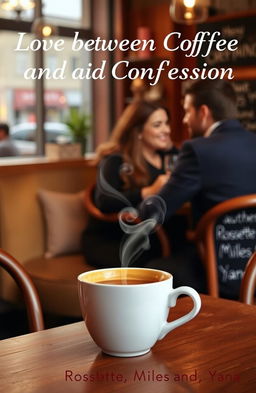 A charming café scene titled "Love between Coffee and Confession", where a steaming coffee cup with heart-shaped smoke rising from it is placed on a wooden table