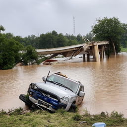 An SUV tossed about amidst the wreckage of a one-lane, road-level bridge that has been destroyed by a powerful flood.