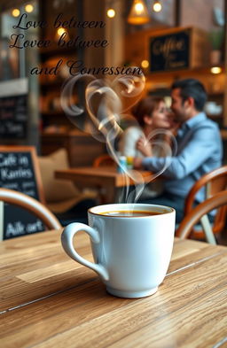 A charming café scene titled "Love between Coffee and Confession", where a steaming coffee cup with heart-shaped smoke rising from it is placed on a wooden table