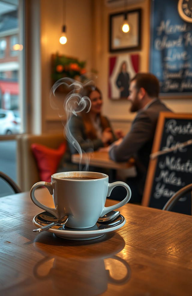 A charming café scene titled "Love between Coffee and Confession", where a steaming coffee cup with heart-shaped smoke rising from it is placed on a wooden table