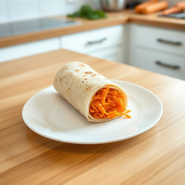 A delicious lavash roll filled with grated carrots, distinctly shaped as a rolled-up log rather than a shawarma