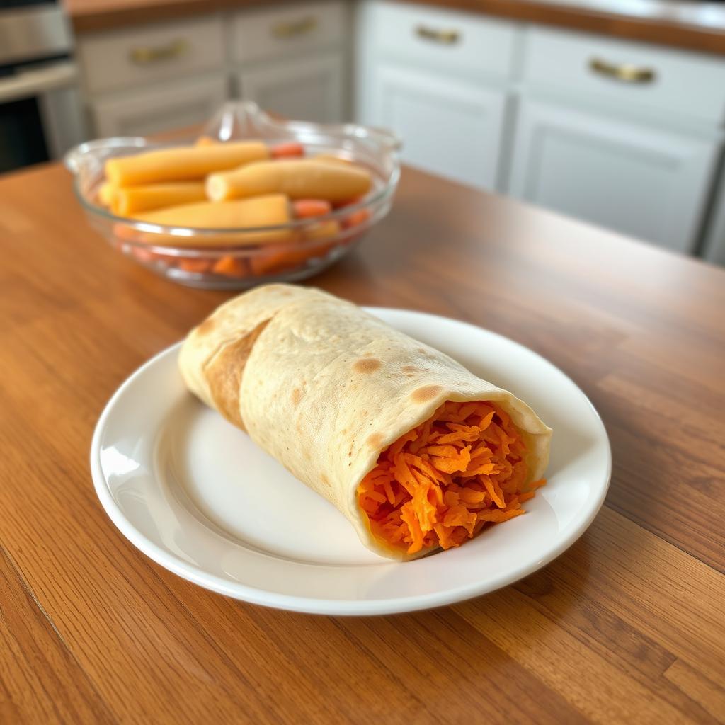 A delicious lavash roll filled with grated carrots, distinctly shaped as a rolled-up log rather than a shawarma