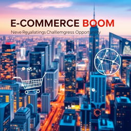 A sleek and dynamic cover page design for a report titled 'E-Commerce Boom: Regulatory Challenges and Opportunities'